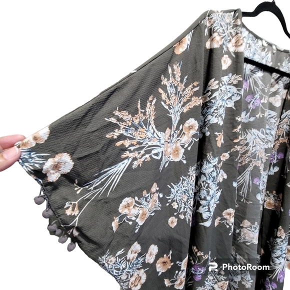 M/L Kimono Pom Pom Hem Floral  Brown Boho Beachy Coverup Cottagecore - Picture 3 of 6